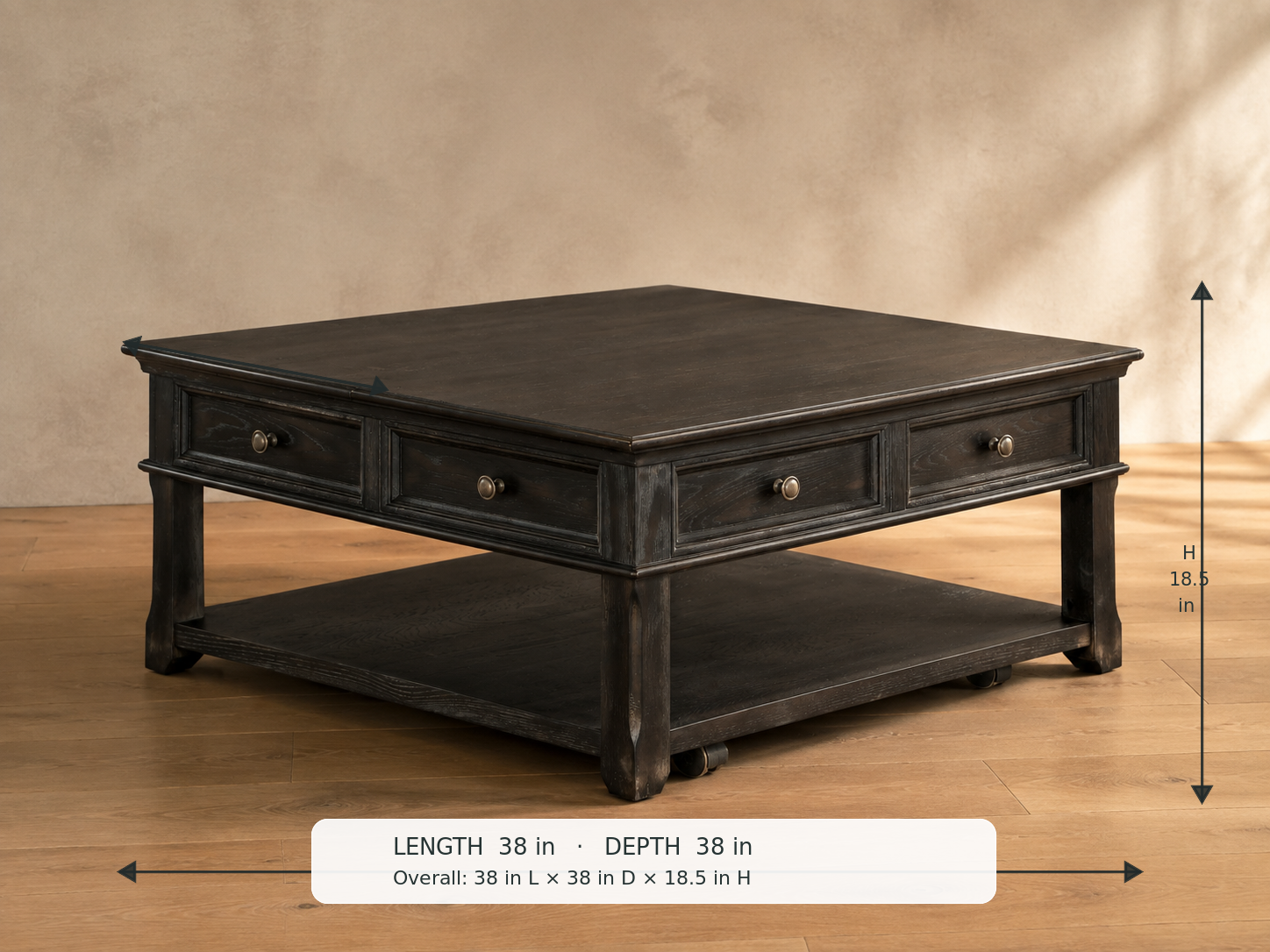 Muriel Coffee Table — 45-degree view with dimensions: 38 in L × 38 in D × 18.5 in H