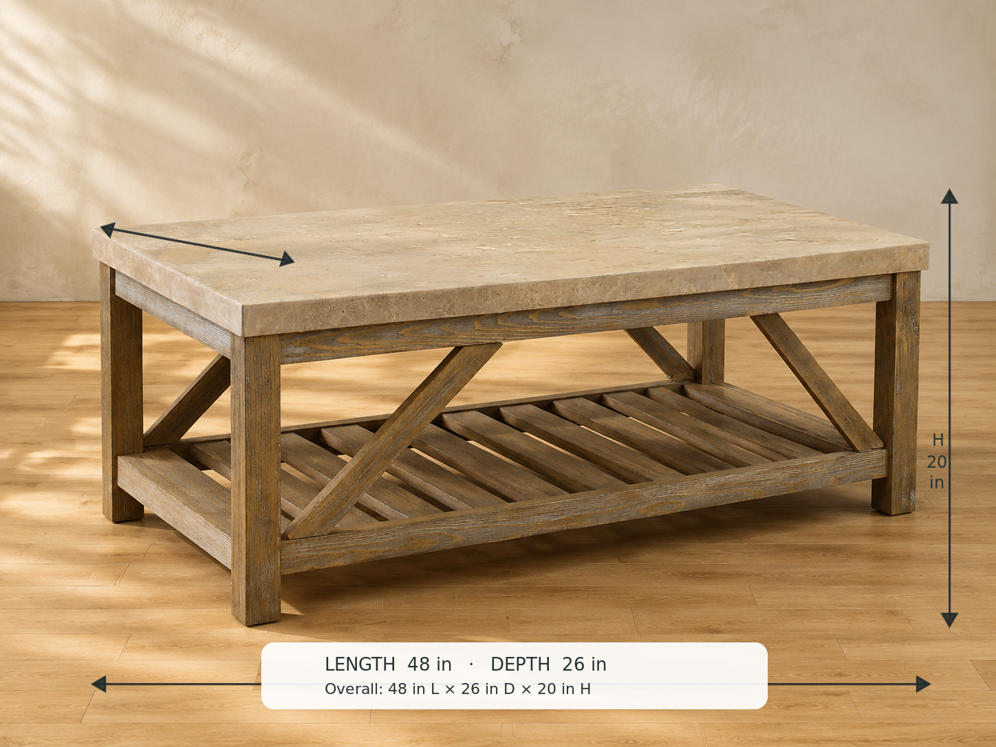 Ridley Coffee Table — 45-degree view with dimensions: 48 in L × 26 in D × 20 in H