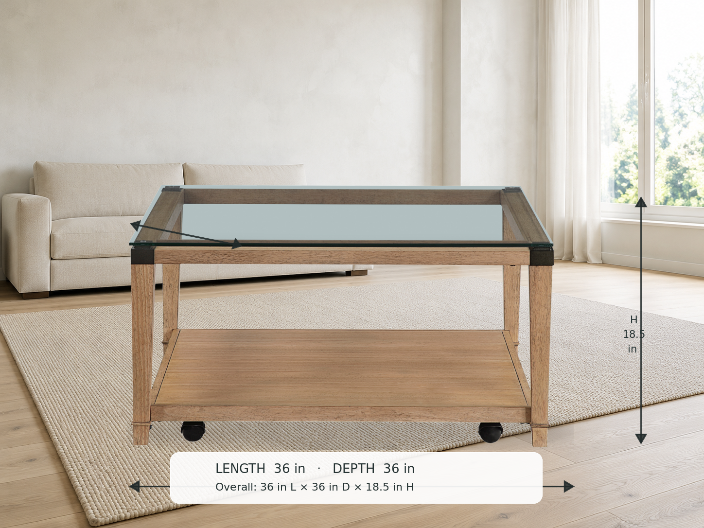 Riverton Coffee Table — original manufacturer color, rug and sofa setting with dimensions