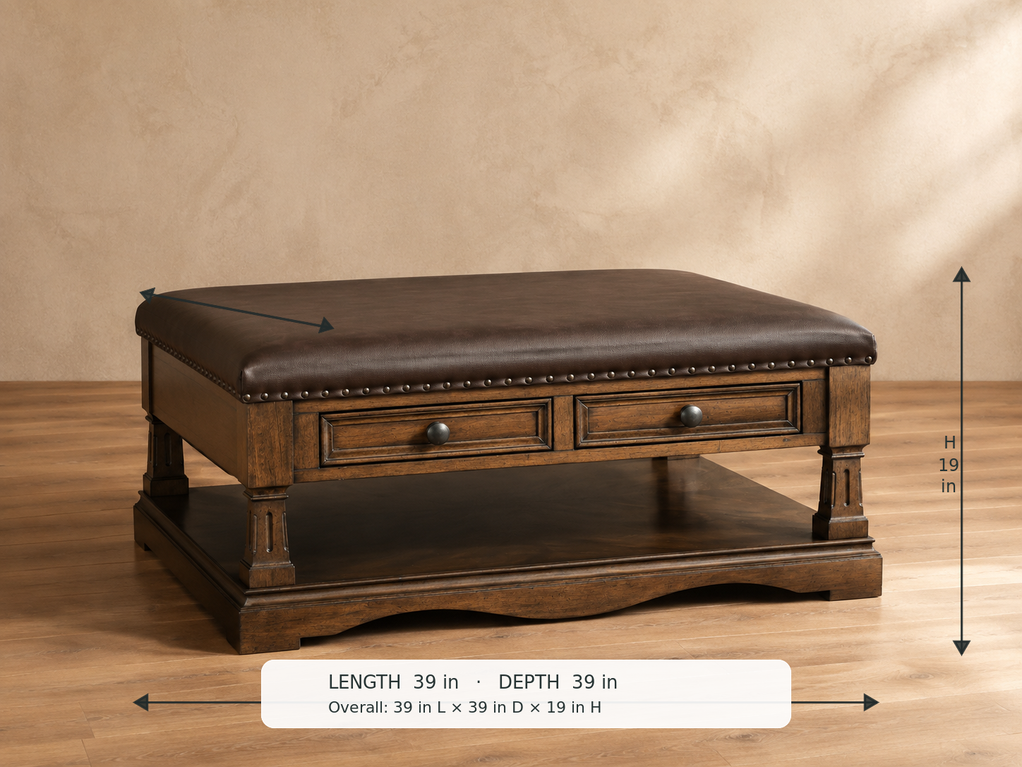 Rochester Coffee Table — 45-degree view with dimensions: 39 in L × 39 in D × 19 in H