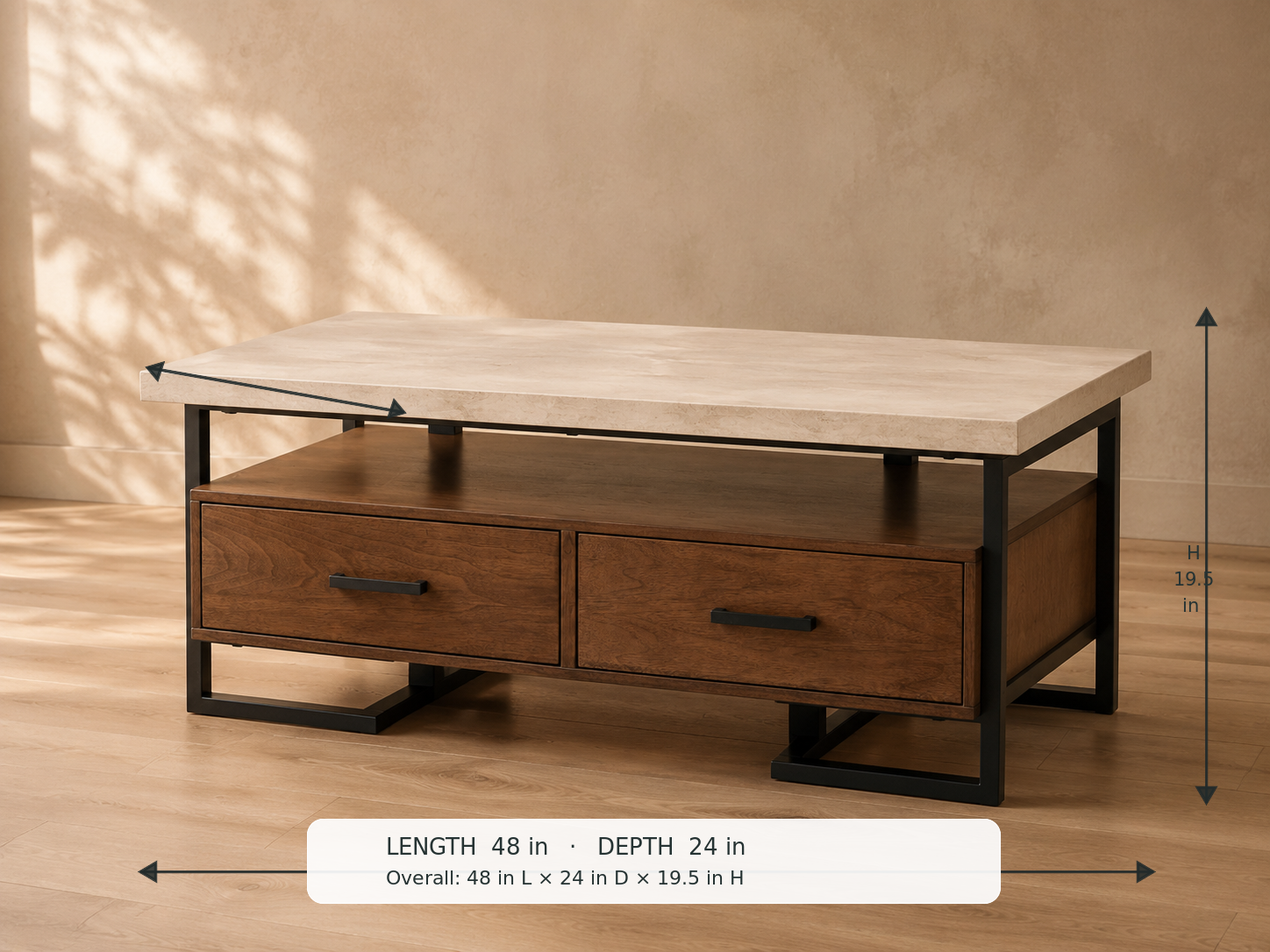 Sedley Coffee Table — 45-degree view with dimensions: 48 in L × 24 in D × 19.5 in H