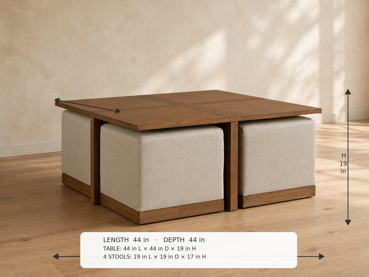 Sienna Coffee Table with 4 stools — 45-degree view with dimensions