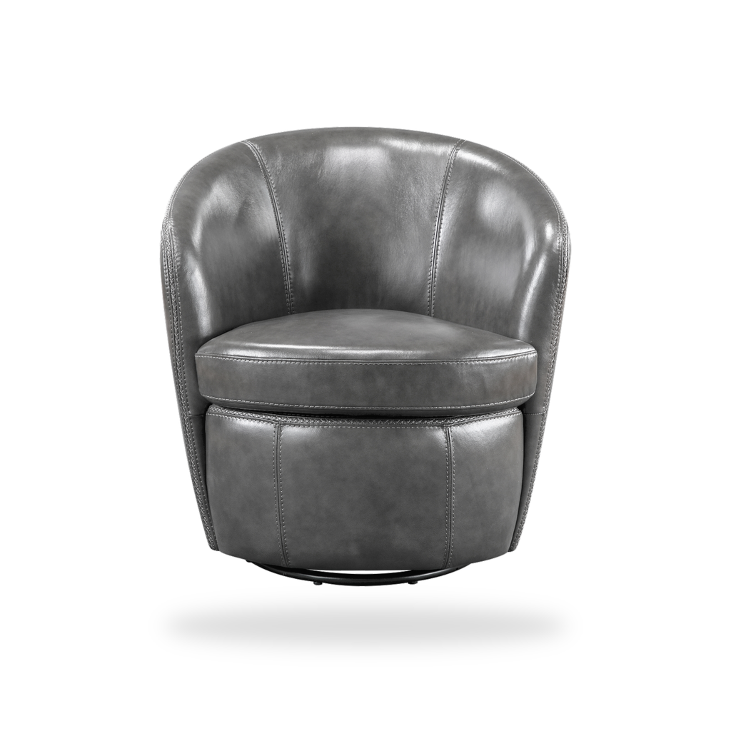 Tanner smoky gray top grain leather swivel chair complete front view