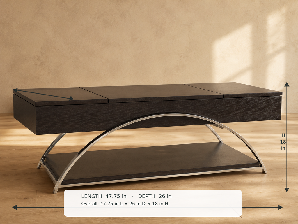 Tioga Lift-Top Coffee Table — 45-degree view with dimensions: 47.75 in L × 26 in D × 18 in H