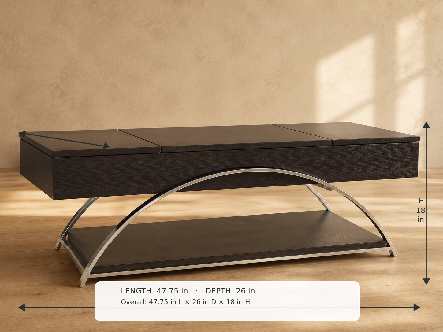 Tioga Lift-Top Coffee Table — 45-degree view with dimensions: 47.75 in L × 26 in D × 18 in H